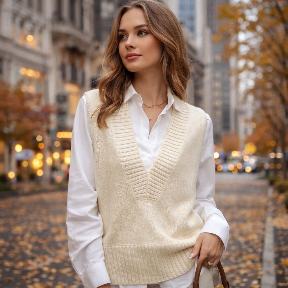 Women's Cream V-Neck Knit Vest